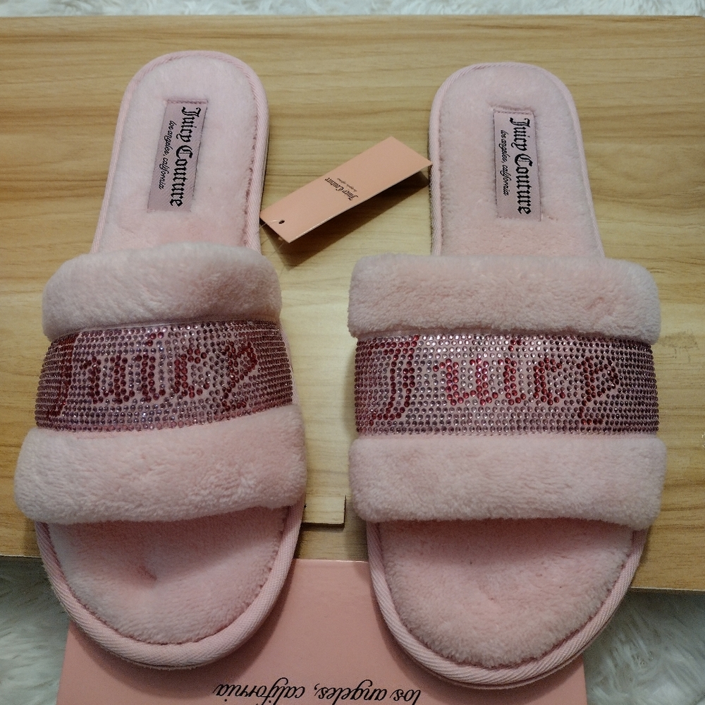 Juicy Couture Pink 🩷✨ Rhinestone Plush Slippers Women's 🆕